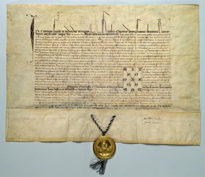 Kaarle IV:n bulla (1316-78) Pyhän Rooman keisari, 29. tammikuuta 1365 (muste pergamentissa kultasinetillä) tekijältä German School