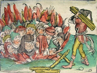 Burning of the Jews, julkaistu Nürnberg Chroniclessa, 1493 tekijältä German School