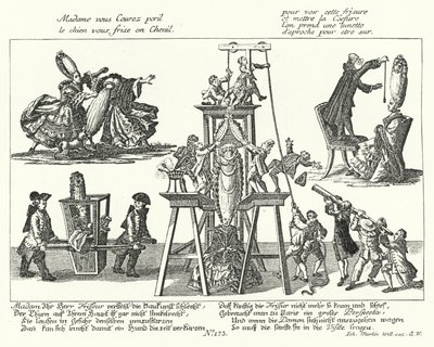 Karikatyyri muodikkaiden naisten 1700-luvun liian korkeissa peruukkeissa (kaiverrus) tekijältä German School