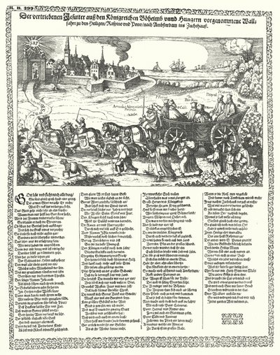 Sarjakuva, joka kuvaa jesuiittoja, jotka karkotettiin Böömistä ja Unkarista vuonna 1620 kolmikymmenvuotisen sodan alkaessa (kaiverrus) tekijältä German School