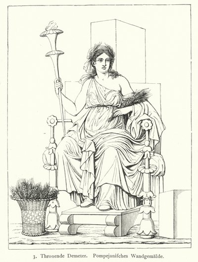 Ceres, roomalainen sadonkorjuun jumalatar, valtaistuimella, seinämaalaus Pompejista (kaiverrus) tekijältä German School