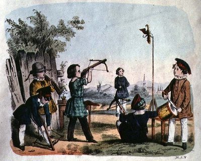Lapset ampuvat maalia arkebussilla, n.1860 (värikaiverrus) tekijältä German School