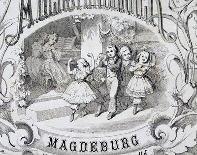 Lasten tanssikohtaus, Magdeburgissa julkaistun lasten musiikki- ja tanssikokoelman nimisivun yksityiskohta. Saksa tekijältä German School