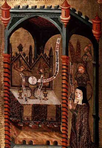 Kristus ilmestyy pyhälle Klaaralle (tempera ja kulta tammipaneelille). tekijältä German School