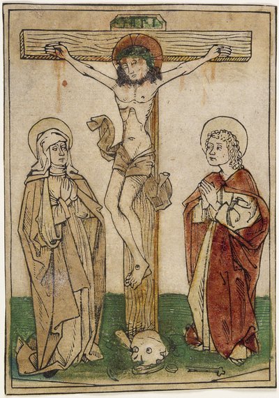 Kristus ristillä Marian ja Pyhän Johanneksen kanssa, n. 1470-80 (käsinvärinen puupiirros pergamentille) tekijältä German School