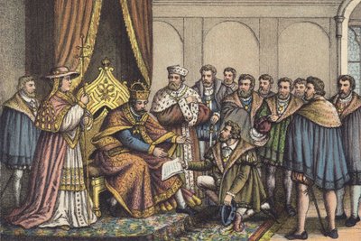 Christian Bayer lukee Augsburgin tunnustusta (chromolitho) tekijältä German School