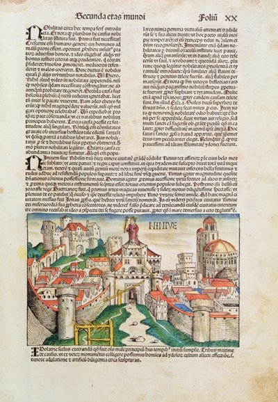 Niniven kaupunki Hartmann Schedelin (1440-1514) teoksesta Liber Chronicarum 1493 (värillinen puupiirros) tekijältä German School