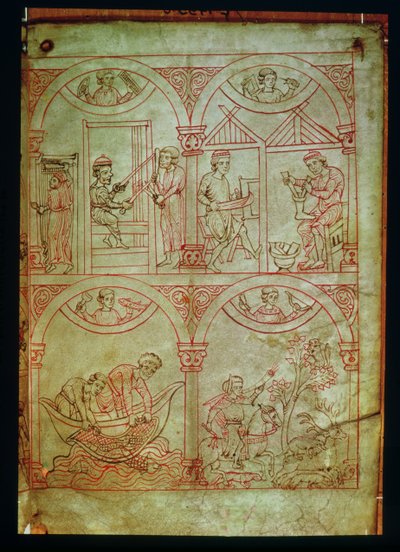 Codex 507 fol.2r Weaver, Shoemaker, Fishermen and Hunter, Renner Musterbuch, n. 1208-1218 tekijältä German School