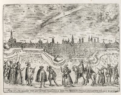 Komeetta nähty Augsburgin yllä marraskuun lopussa 1618 Cometen Historiasta, pubista. 1618 tekijältä German School