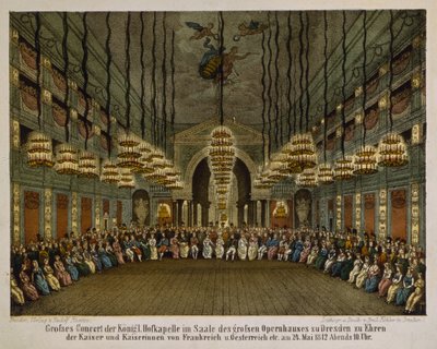 Kuninkaallisen bändin konsertti Dresdenin oopperatalon auditoriossa keisarillisen parin kunniaksi, 1812 (värilitho) tekijältä German School