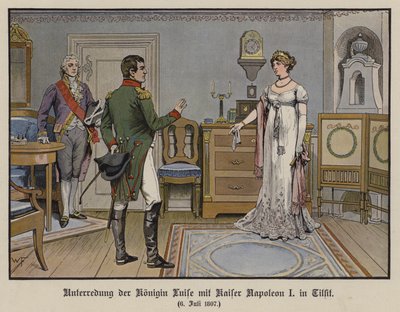 Preussin kuningatar Luisan ja keisari Napoleon I:n keskustelu Tilsitissä, 6. heinäkuuta 1807 (värilitho) tekijältä German School