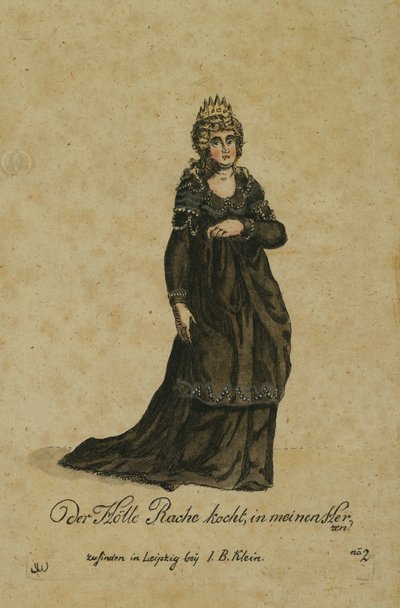 Pukusuunnittelu Yön kuningattaren rooliin Wolfgang Amadeus Mozartin oopperassa Taikahuilu, julkaissut Leipzigissä I. B. Klein, 1793 (värikaiverrus) tekijältä German School