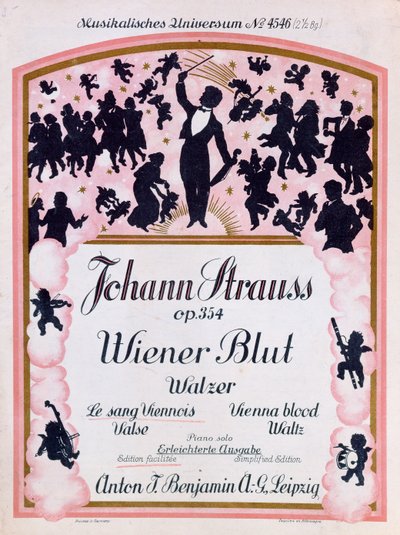 Kansi Johann Strauss II:n (1825-99), 1930 kuuluisan valssin Wiener Blut op.354 partituurista tekijältä German School