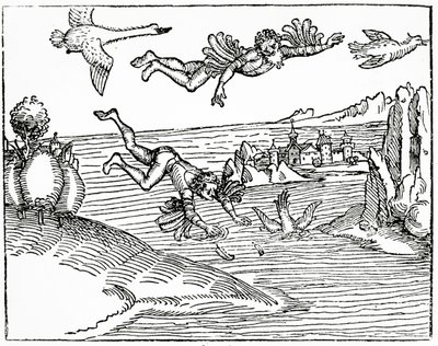 Daedalus, joka pakenee Kreetalta poikansa Ikaruksen kanssa, näkee hänen putoavan kuoliaaksi, 1493 (puupiirros) tekijältä German School
