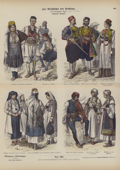 Dalmatialaiset puvut, 1800-luvun loppu (värillinen kaiverrus) tekijältä German School
