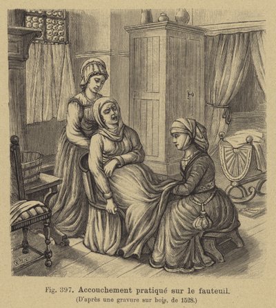 Vauvan synnytys, kun äiti istuu synnytystuolissa, 1500-luku tekijältä German School