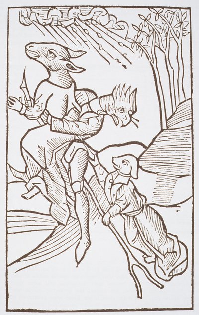 Lähtö sapattina, kopio Ulrich Moliorin kuvituksesta Von den Unholden oder Hexen, Constanz 1489, käytetty Taikuuden historiassa, julkaistu 1800-luvun lopulla tekijältä German School