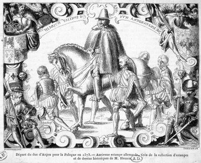 Anjoun herttuan lähtö Puolaan vuonna 1573 (valittu Puolan kuninkaaksi, hän ottaa kruununsa haltuunsa) - Muinainen saksalainen vedos herra Henninin grafiikan ja historiallisten piirustusten kokoelmasta. tekijältä German School