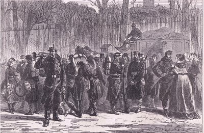 Kansalliskaartin kymmenennen rykmentin lähtö edistyneisiin virkoihin, Cassells History of the War of the France ja Saksa, julkaisija Cassell and Company Limited, n. 1890 (litho) tekijältä German School