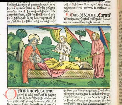 Mooseksen kirja 34 Mooseksen kuolema, Nürnbergin Raamatusta (Biblia Sacra Germanaica) (värillinen puupiirros) tekijältä German School