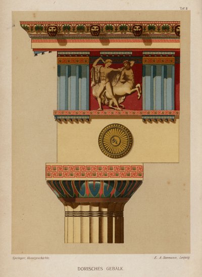 Doric entableature, antiikin kreikkalainen arkkitehtuuri (väri litho) tekijältä German School