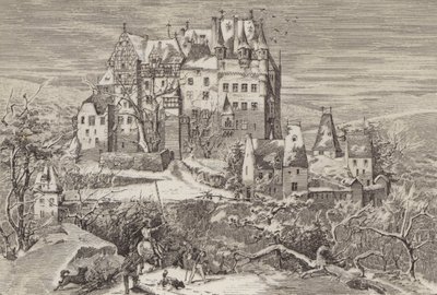 Eltzin linna Mosel-joen yläpuolella, Saksassa, sellaisena kuin se näytti 1500-luvun lopulla (litho) tekijältä German School