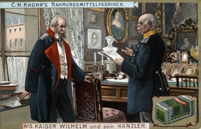 Saksan ja Preussin keisari William I (1797-1888) ja liittokansleri Otto von Bismarck (1815-1898) keskustelevat poliittisista asioista. Kromolitografia, 1800-luvun loppu. tekijältä German School
