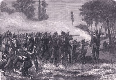 Kohtaus metsässä ennen Metziä, Cassells History of the War of the France ja Saksa, julkaisija Cassell and Company Limited, n. 1890 (litho) tekijältä German School