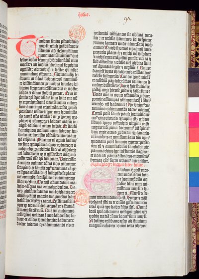 Pentateukin loppu ja Joosuan kirjan alku, Gutenbergin Raamatusta, painat Johannes Gutenberg (n. 1400-1468) ja Peter Schoeffer (1425-1502) Mainzissa, 1454-56 (painettu paperi) tekijältä German School