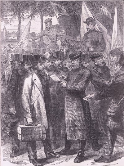 Englannin asukkaat lähtevät Pariisista, Cassells History of the War välillä Ranskan ja Saksan julkaisija Cassell and Company Limited, n. 1890 (litho) tekijältä German School