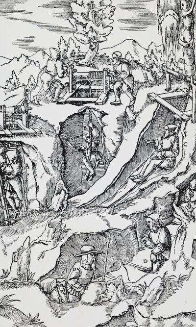 Kaiverrus De re metallicasta (Metallien luonteesta), Georg Pawer tai Georgius Agricola (1494-1555), julkaistu Baselissa tekijältä German School