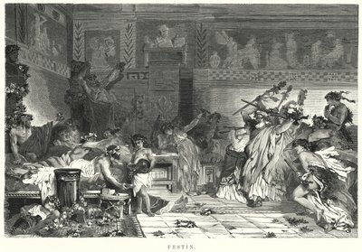 Viihde aterian jälkeen roomalaisessa juhlassa (litho) tekijältä German School