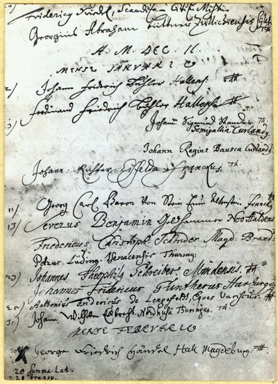Merkintä Hallen yliopiston asiakirjoihin, jossa Händelin nimi, 1702 tekijältä German School
