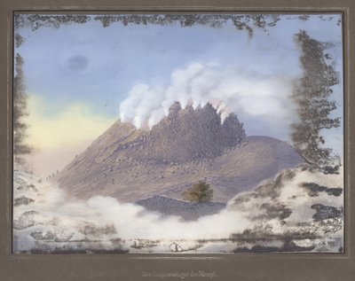 Purkaus Merapi-tulivuoressa, josta on näkymät kraatterin itäpäähän, marraskuu 1836, pl.VI Topografisesta ja tieteellisestä atlasesta matkalla Javan läpi, kirjoittanut Dr. rouva Junghuhn, Magdebu tekijältä German School