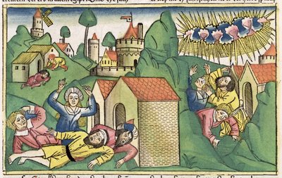 Mooseksen kirja 11 1-10 Egyptin seitsemän vitsausta: vanhimpien poikien kuolema, Nürnbergin Raamatusta (Biblia Sacra Germanaica) (värillinen puupiirros) tekijältä German School