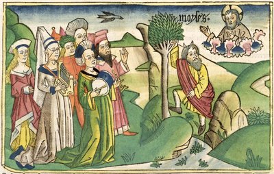 Mooseksen kirja 15 1-19 Mooseksen laulu, Nürnbergin Raamatusta (Biblia Sacra Germanaica) (värillinen puupiirros) tekijältä German School