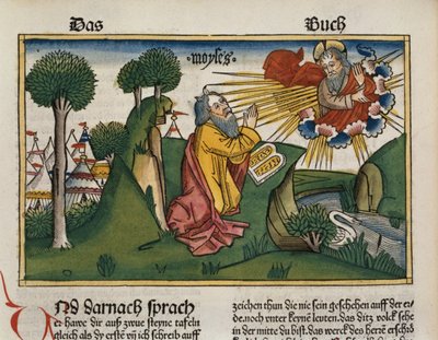 Mooseksen kirja 34 1-10 Mooses saa Nürnbergin Raamatusta (Biblia Sacra Germanaica) toiset kymmenen käskyä sisältävät taulut (värillinen puupiirros) tekijältä German School