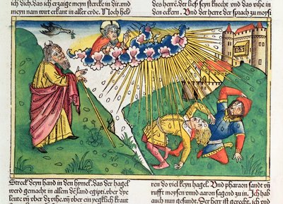 2. Moos. 9 13-35 Egyptin seitsemän vitsausta: Mooses ja rakeiden ja salaman vitsaus, Nürnbergin Raamatusta (Biblia Sacra Germanaica) (värillinen puupiirros) tekijältä German School