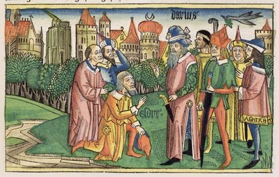Ezra 6 16 Kuningas Dareios vihkii Jerusalemin temppelin Nürnbergin Raamatusta (Biblia Sacra Germanaica) (värillinen puupiirros) tekijältä German School