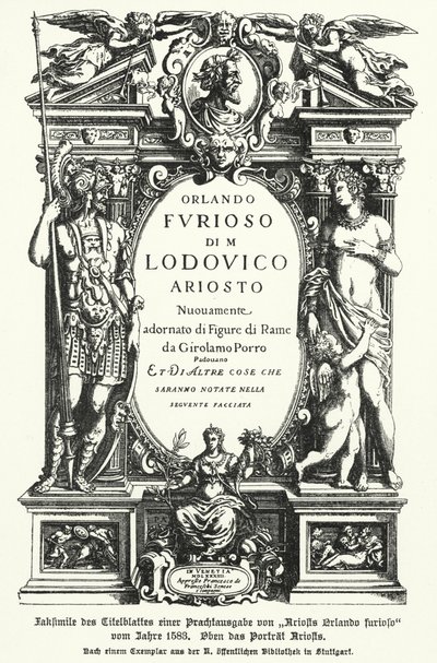 Faksimile italialaisen runoilijan Ludovico Arioston eepos Orlando Furioso vuodelta 1583 ilmestyneestä painoksesta (kuvat) tekijältä German School