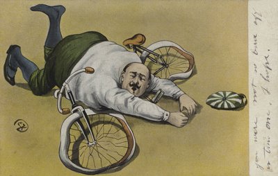Lihava mies, pudonnut pyörästään (väri litho) tekijältä German School