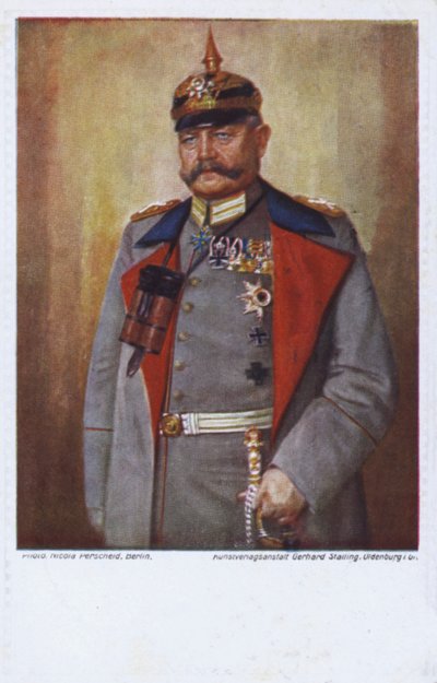 Kenttämarsalkka Paul von Hindenburg, Saksan armeijan komentaja ensimmäisessä maailmansodassa (värilitografia). tekijältä German School