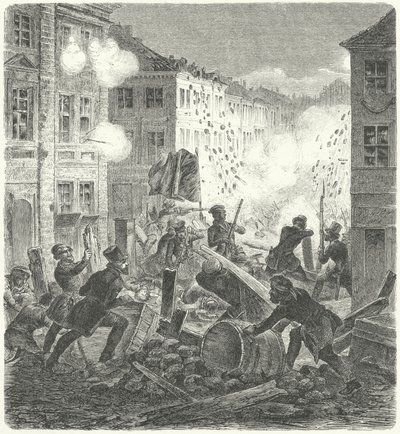 Taistelu barrikadilla Collnin kaupungintalon edessä, Berliini, vuoden 1848 vallankumous (kaiverrus) tekijältä German School