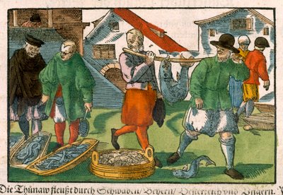 Fishmarket, saksalaisesta käsikirjoituksesta, n. 1650 (käsinvärinen puupiirros) tekijältä German School