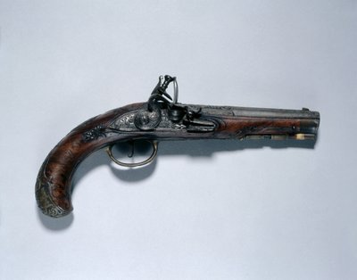Flintlock-pistooli, piipun valmistaja Johann Andreas Kuchenreuter (1716-1795), n. 1750 (teräs, pähkinäpuu, messinkikiinnikkeet, piippu kullalla, messingillä ja hopealla) tekijältä German School