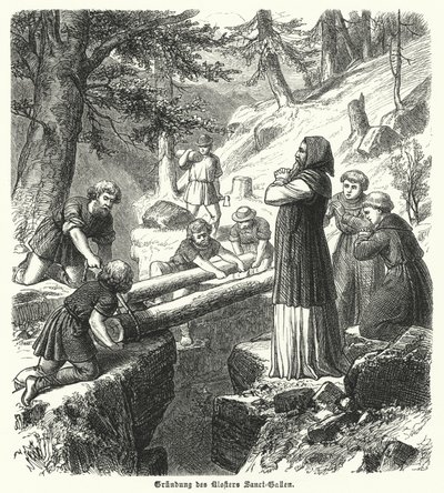 St Gallin luostarin perustaminen, Sveitsi, 800-luku (kaiverrus) tekijältä German School