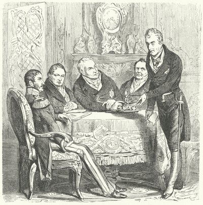 Frederick Vilhelm III Preussista keskustelee pääministerinsä Karl August von Hardenbergin ja Itävallan ulkoministerin Klemens von Metternichin kanssa (kaiverrus) tekijältä German School