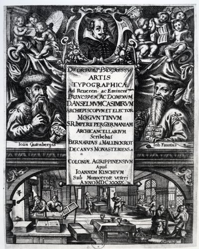 Bernardus Mallinckrodtin teoksen "Typografian alkuperästä ja historiasta" etukuva, 1634. tekijältä German School
