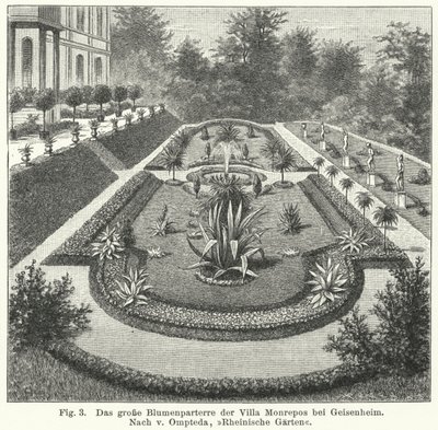 Puutarhan suunnittelu: Monreposin iso parterre, pankkiirin ja amatööritähtitieteilijän Heinrich Eduard von Laden kuolinpesä, Geisenheim, Saksa (kaiverrus) tekijältä German School