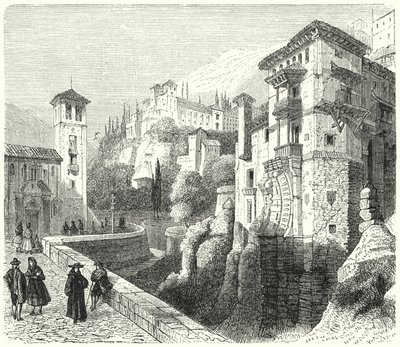Generalife, Granadan emiraatin Nasrid-hallitsijoiden kesäpalatsi, Espanja (kaiverrus) tekijältä German School